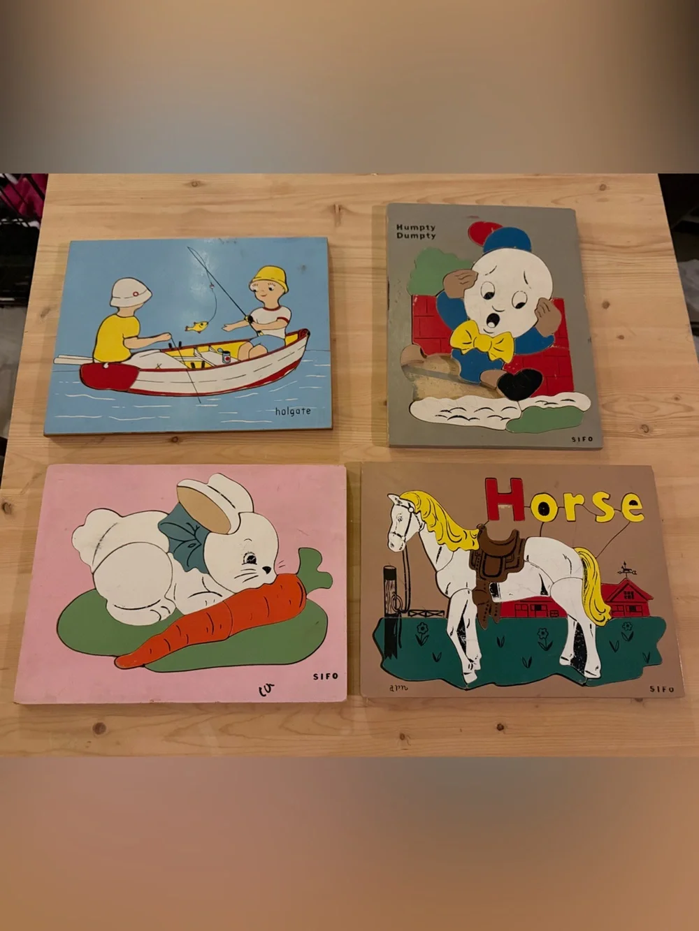 Vintage SIFO Kids Puzzle Panels - Bunny, Fishing, Horse & Humpty